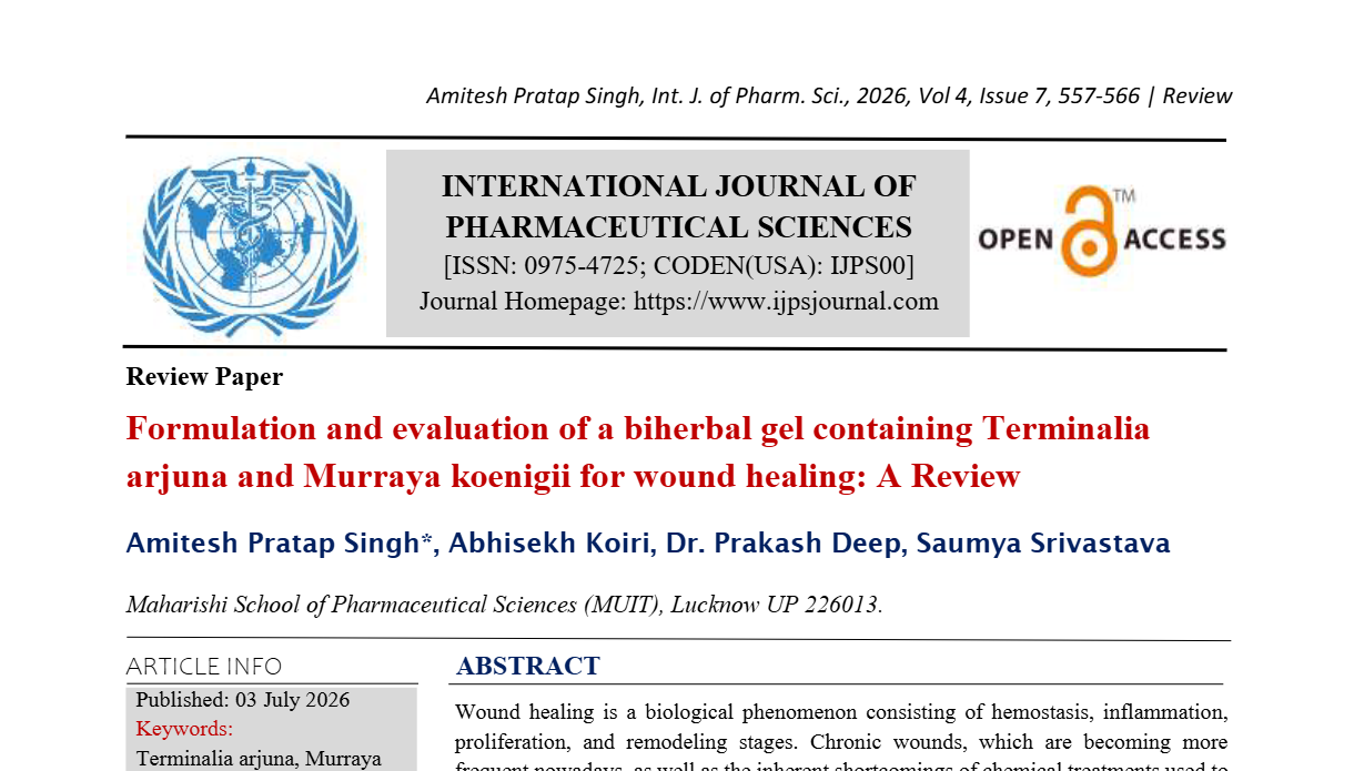Formulation and evaluation of a biherbal gel containing Terminalia arjuna and Murraya koenigii for wound healing: A Review