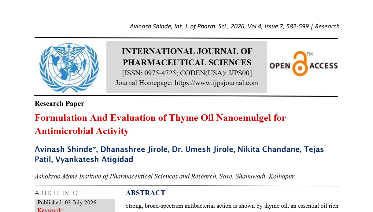 Formulation And Evaluation of Thyme Oil Nanoemulgel for Antimicrobial Activity