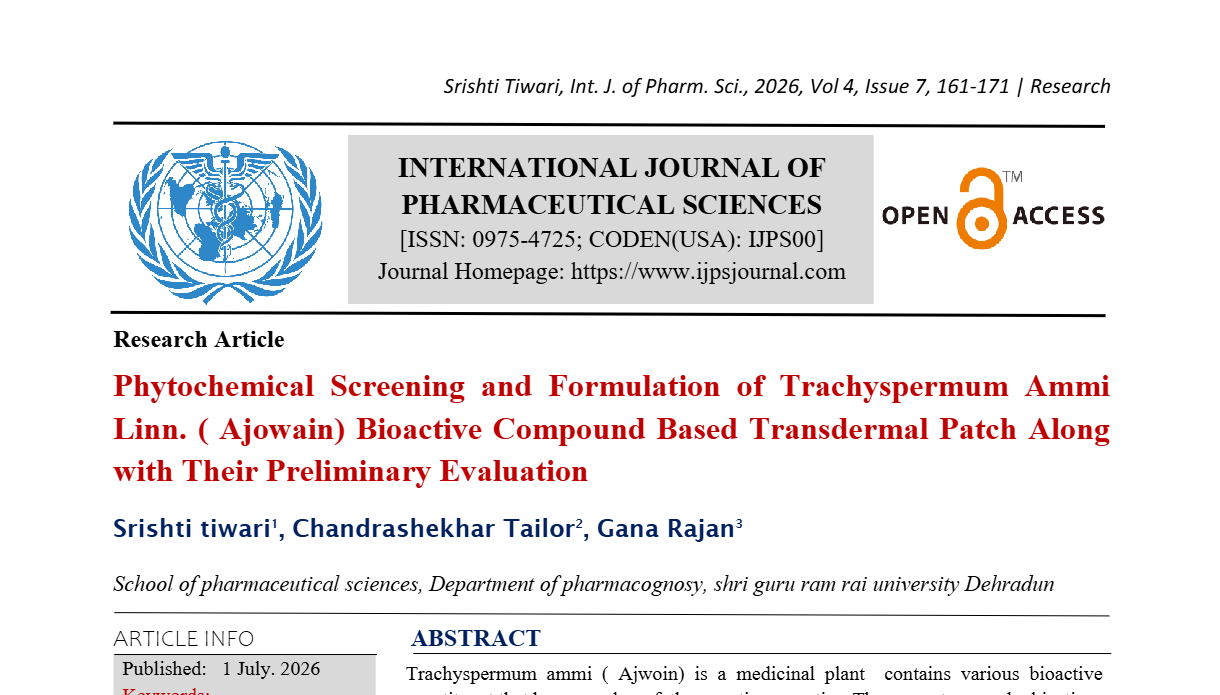 Phytochemical Screening and Formulation of Trachyspermum Ammi Linn. ( Ajowain) Bioactive Compound Based Transdermal Patch Along with Their Preliminary Evaluation