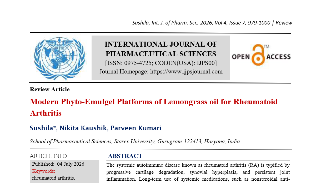 Modern Phyto-Emulgel Platforms of Lemongrass oil for Rheumatoid Arthritis