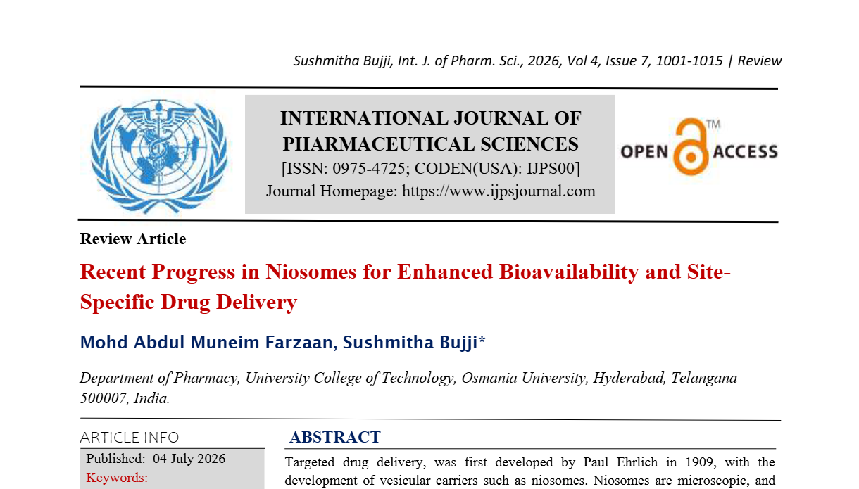 Recent Progress in Niosomes for Enhanced Bioavailability and Site-Specific Drug Delivery