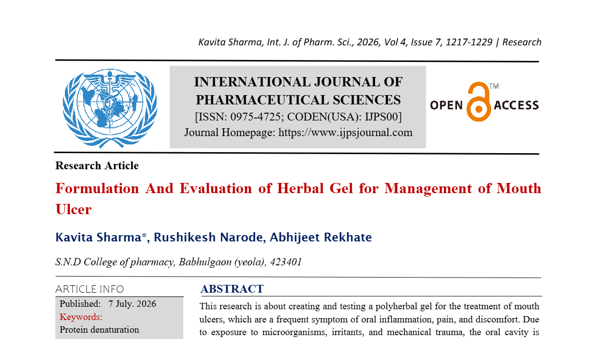 Formulation And Evaluation of Herbal Gel for Management of Mouth Ulcer  