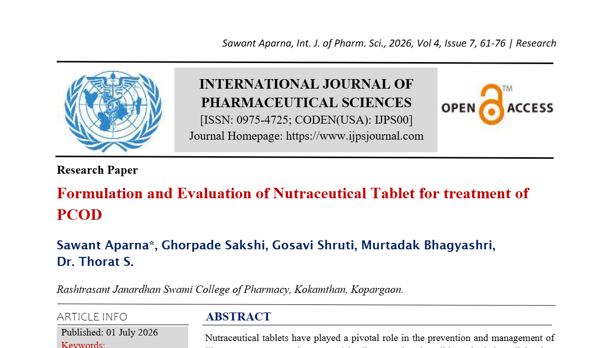 Formulation and Evaluation of Nutraceutical Tablet for treatment of PCOD