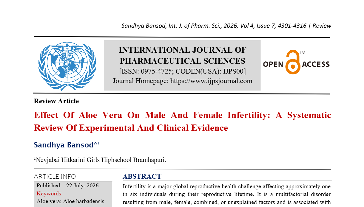 Effect Of Aloe Vera On Male And Female Infertility: A Systematic Review Of Experimental And Clinical Evidence  