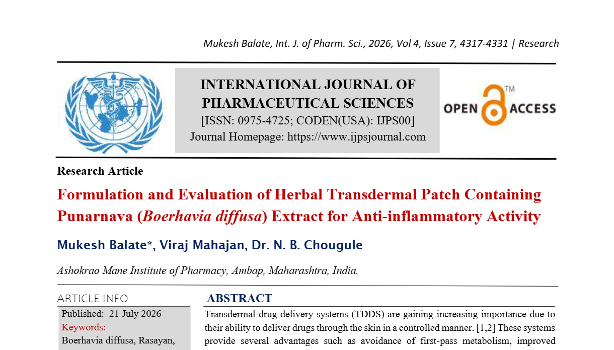 Formulation and Evaluation of Herbal Transdermal Patch Containing Punarnava (Boerhavia diffusa) Extract for Anti-inflammatory Activity