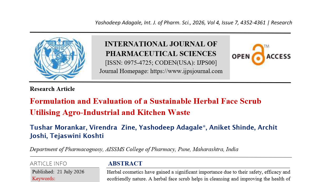 Formulation and Evaluation of a Sustainable Herbal Face Scrub Utilising Agro-Industrial and Kitchen Waste 