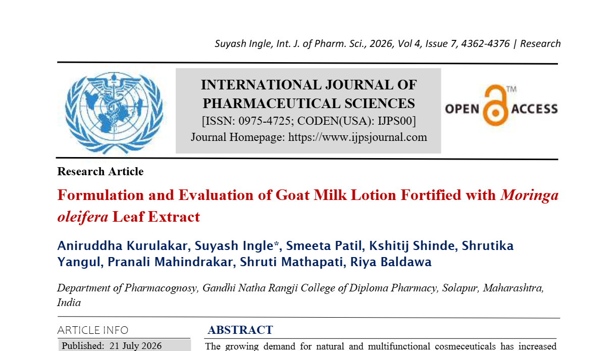 Formulation and Evaluation of Goat Milk Lotion Fortified with Moringa oleifera Leaf Extract 