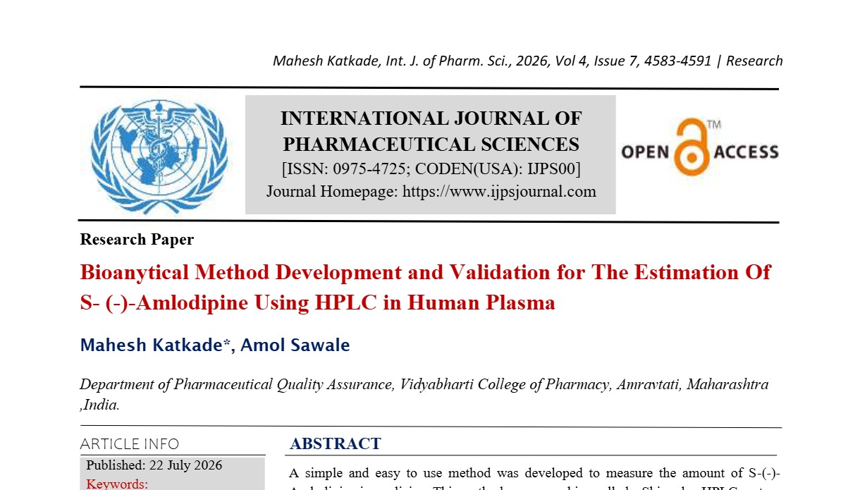 Bioanytical Method Development and Validation for The Estimation Of S- (-)-Amlodipine Using HPLC in Human Plasma