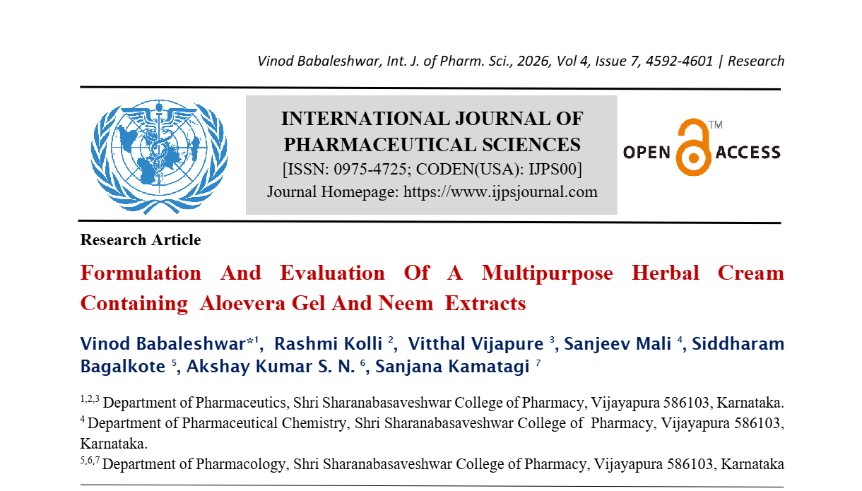 Formulation And Evaluation Of A Multipurpose Herbal Cream Containing  Aloevera Gel And Neem  Extracts  