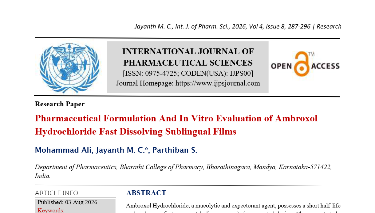 Pharmaceutical Formulation And In Vitro Evaluation of Ambroxol Hydrochloride Fast Dissolving Sublingual Films