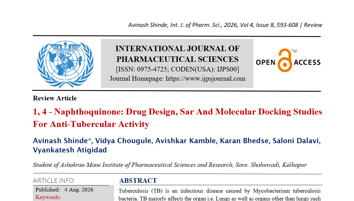 1, 4 - NAPHTHOQUINONE: DRUG DESIGN, SAR AND MOLECULAR DOCKING STUDIES FOR ANTI-TUBERCULAR ACTIVITY