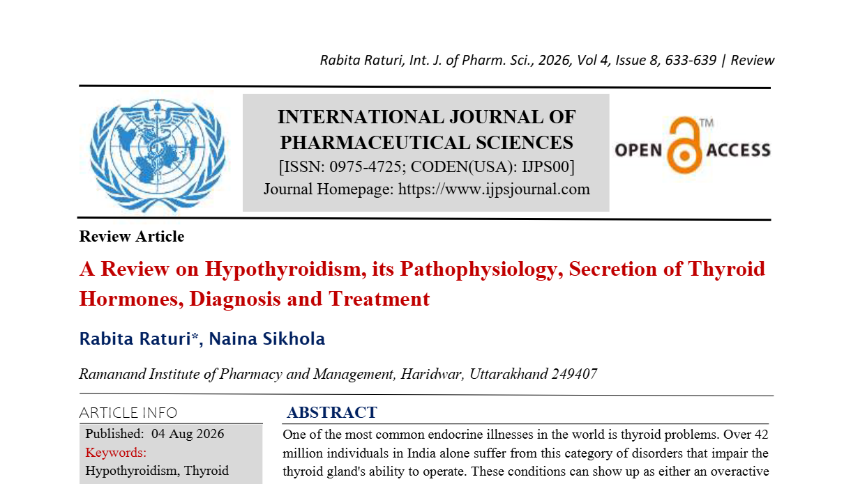 A Review on Hypothyroidism, its Pathophysiology, Secretion of Thyroid Hormones, Diagnosis and Treatment