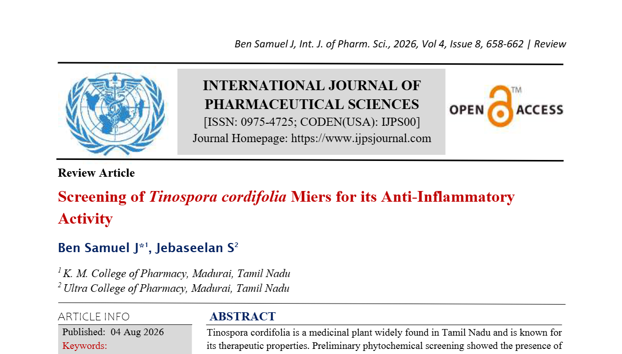 Screening of Tinospora cordifolia Miers for its Anti-Inflammatory Activity