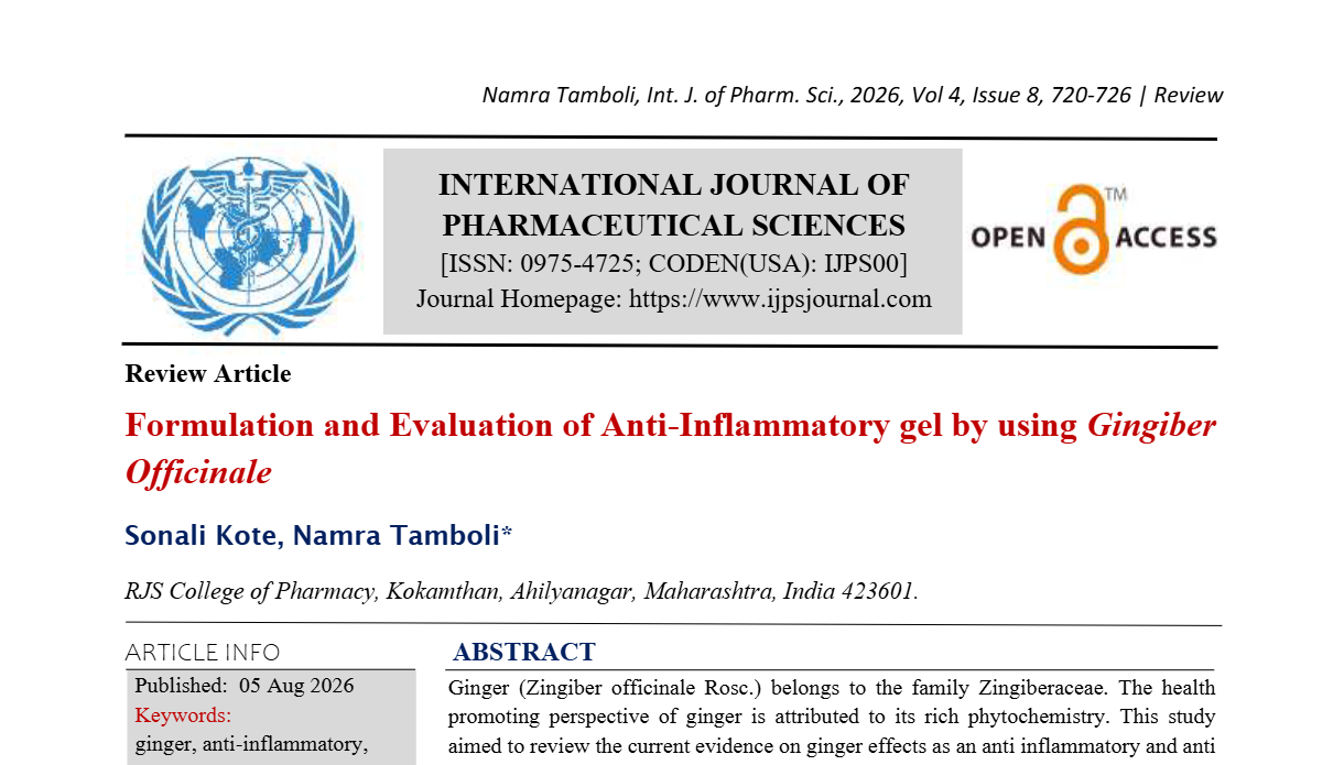 Formulation and Evaluation of Anti-Inflammatory gel by using Gingiber Officinale