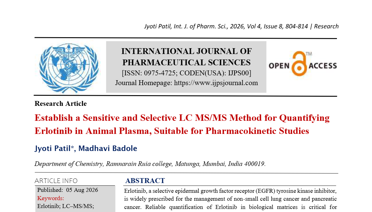 Establish a Sensitive and Selective LC MS/MS Method for Quantifying Erlotinib in Animal Plasma, Suitable for Pharmacokinetic Studies