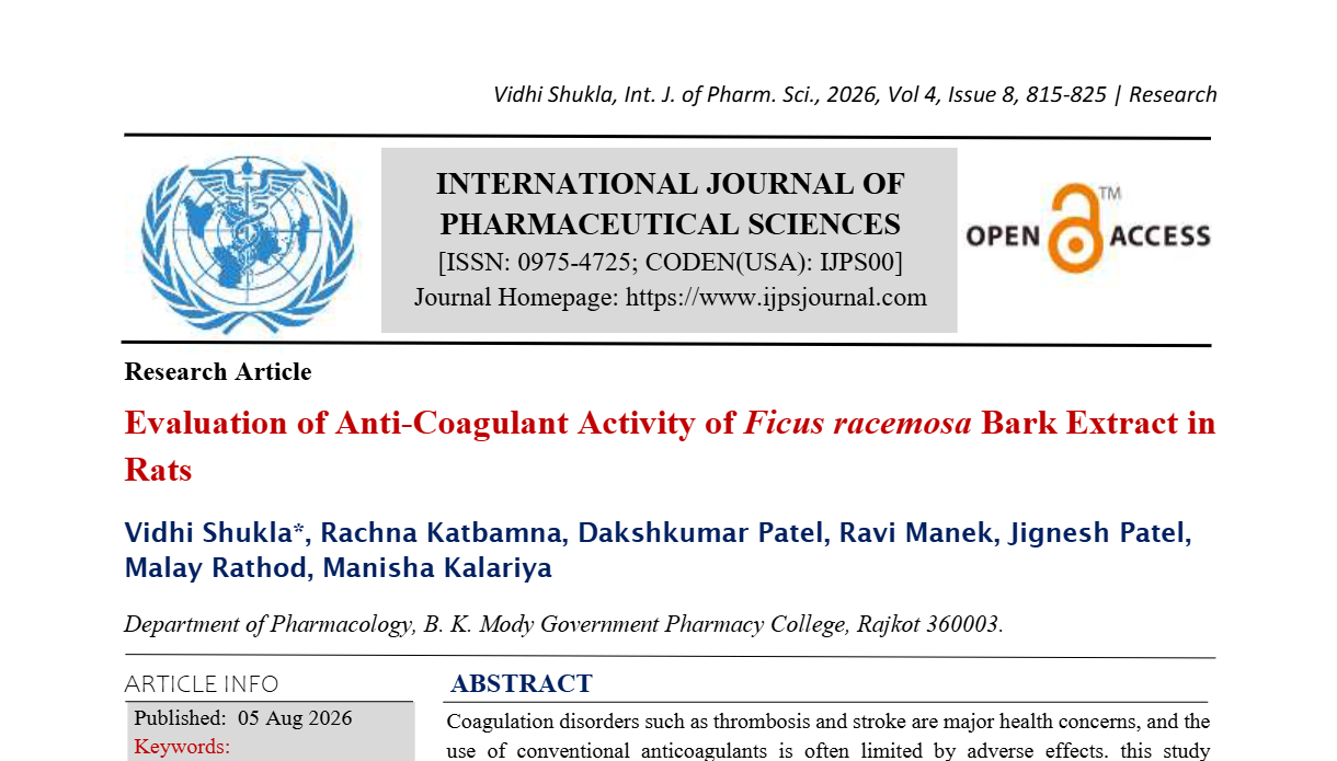 Evaluation of Anti-Coagulant Activity of Ficus racemosa Bark Extract in Rats