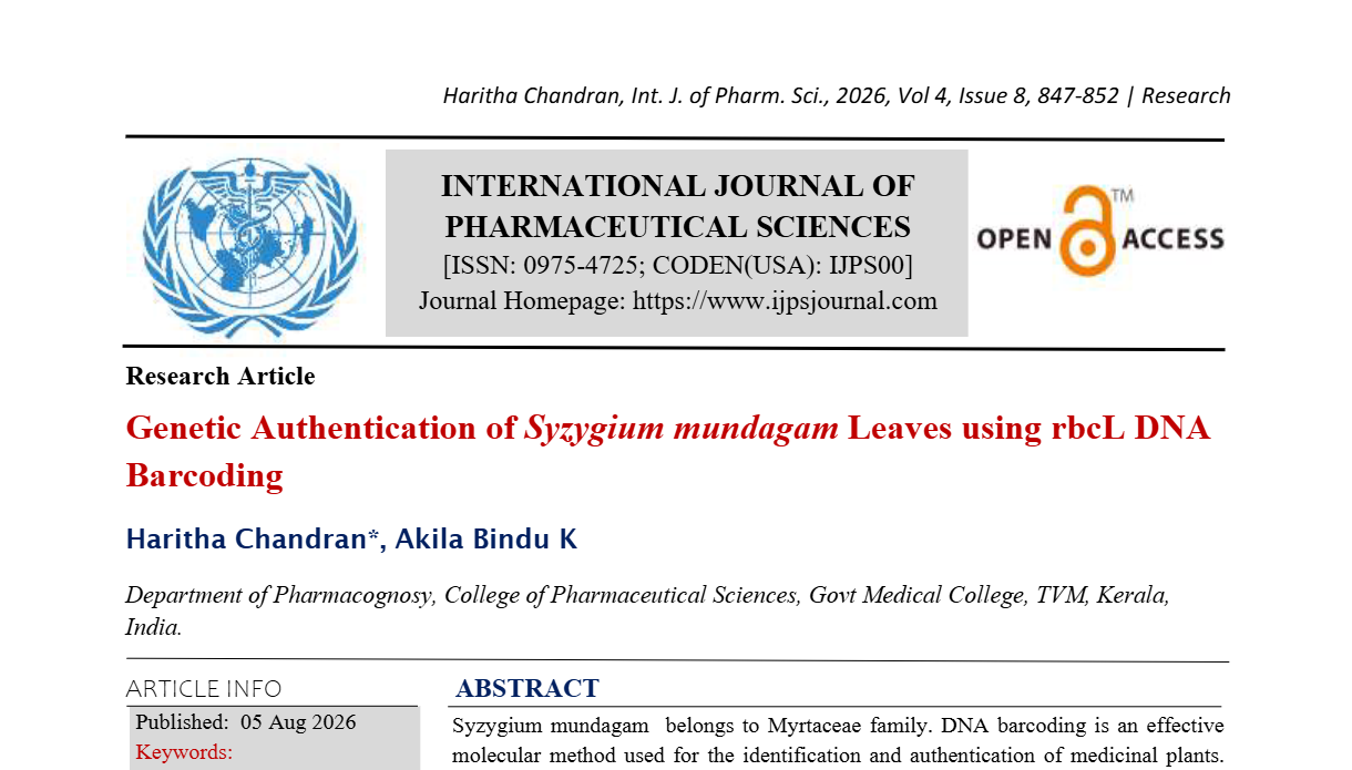 Genetic Authentication of Syzygium mundagam Leaves using rbcL DNA Barcoding