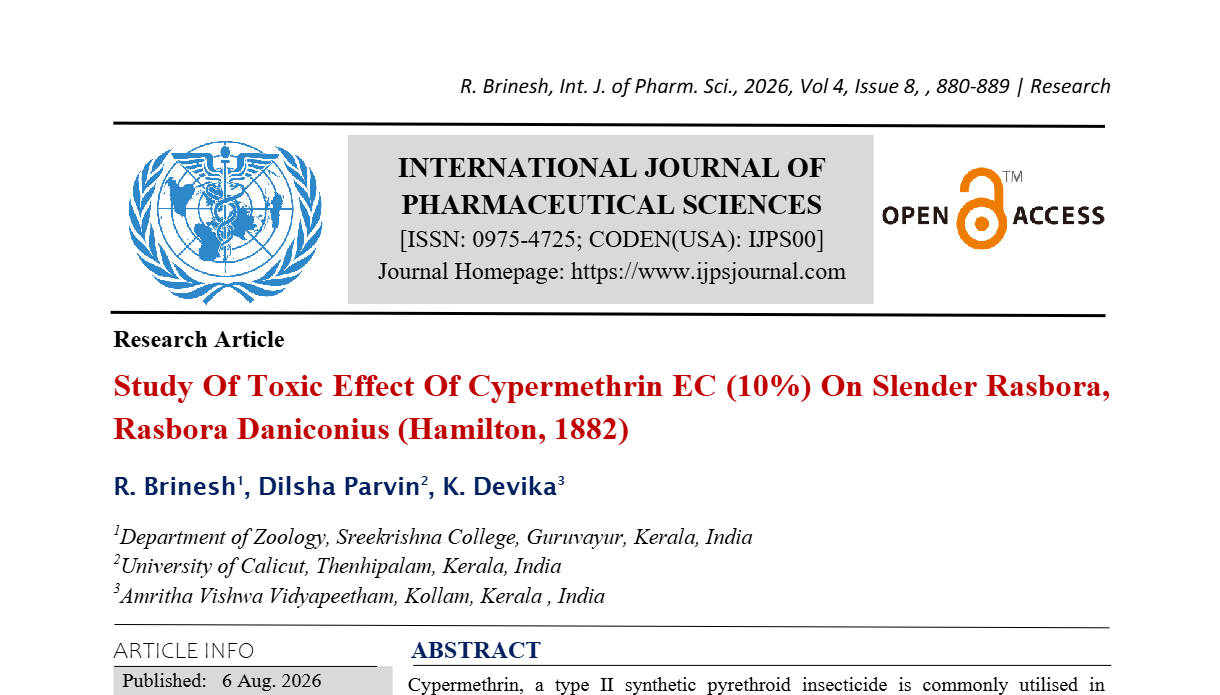 Study Of Toxic Effect Of Cypermethrin EC (10%) On Slender Rasbora,   Rasbora Daniconius (Hamilton, 1882)