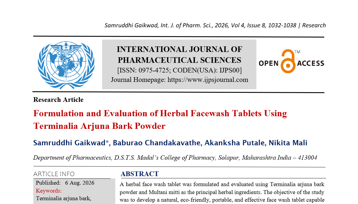 Formulation and Evaluation of Herbal Facewash Tablets Using Terminalia Arjuna Bark Powder