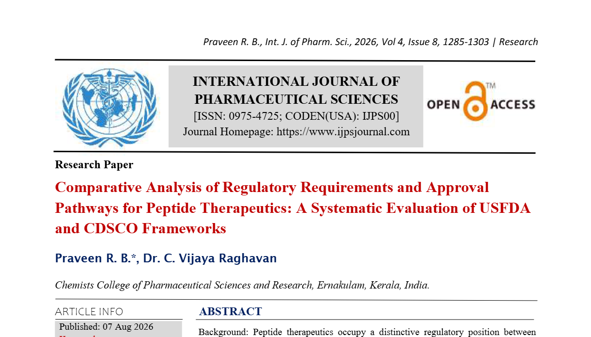 Comparative Analysis of Regulatory Requirements and Approval Pathways for Peptide Therapeutics: A Systematic Evaluation of USFDA and CDSCO Frameworks