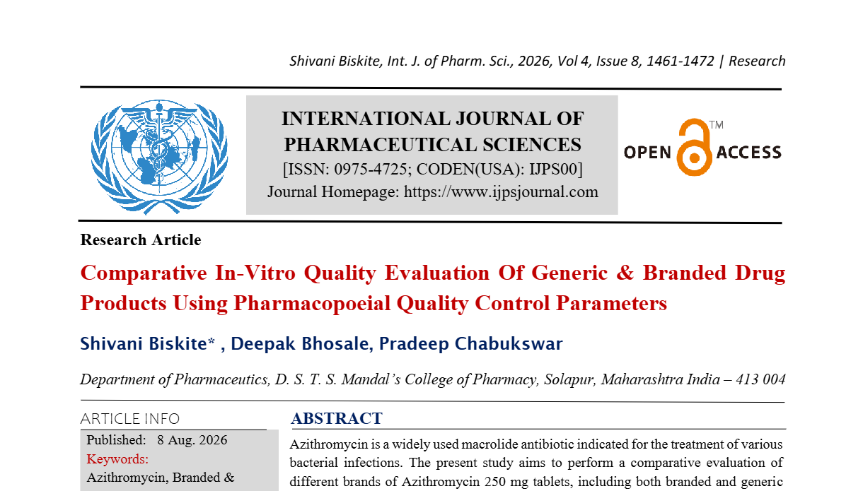 Comparative In-Vitro Quality Evaluation Of Generic & Branded Drug Products Using Pharmacopoeial Quality Control Parameters