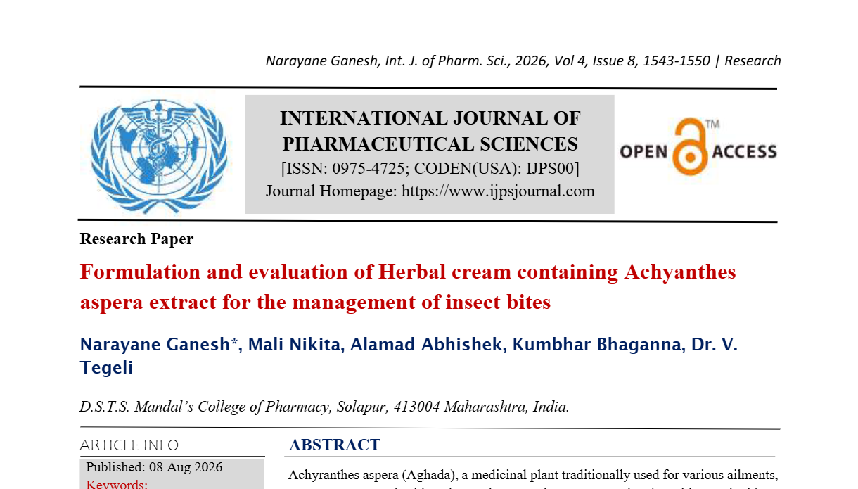 Formulation and evaluation of Herbal cream containing Achyanthes aspera extract for the management of insect bites
