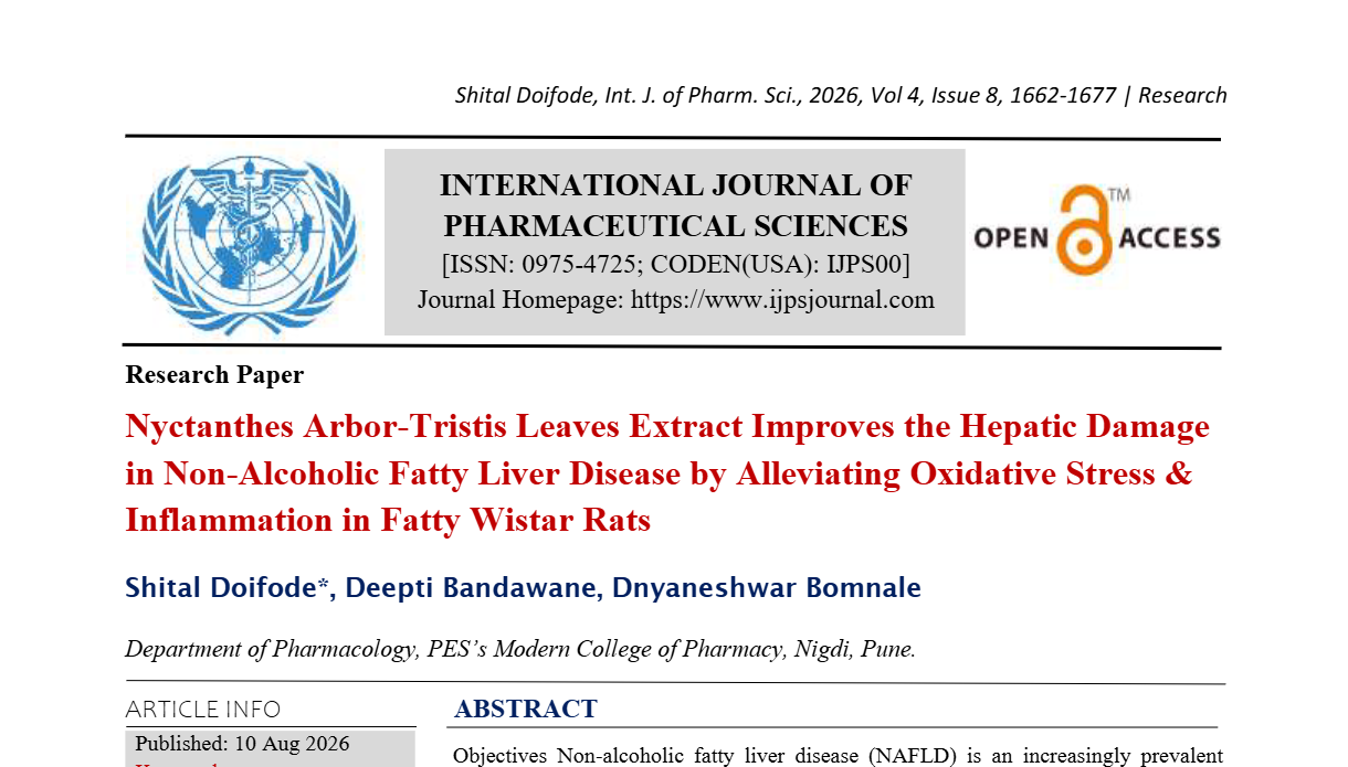 Nyctanthes arbor-tristis leaves extract improves the hepatic damage in non-alcoholic fatty liver disease by alleviating oxidative stress & inflammation in fatty wistar rats.