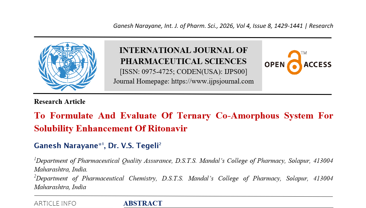 To Formulate and Evaluate Of Ternary Co-Amorphous System for Solubility Enhancement of Ritonavir