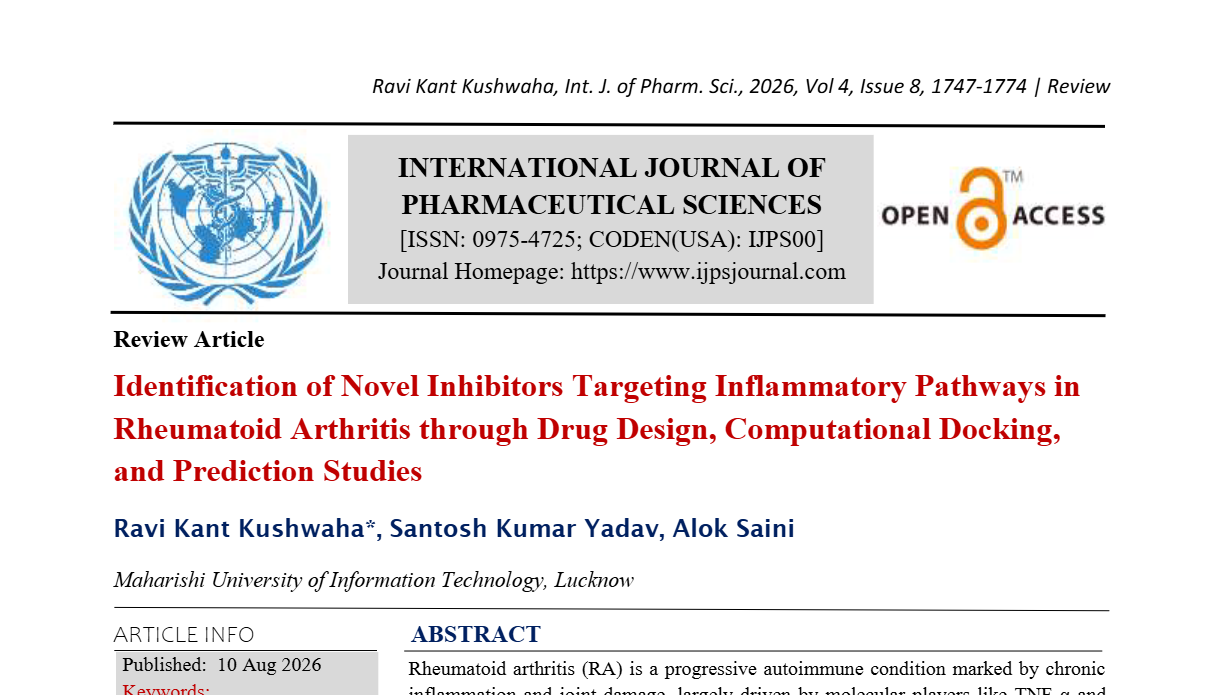 Identification of Novel Inhibitors Targeting Inflammatory Pathways in Rheumatoid Arthritis through Drug Design, Computational Docking, and Prediction Studies