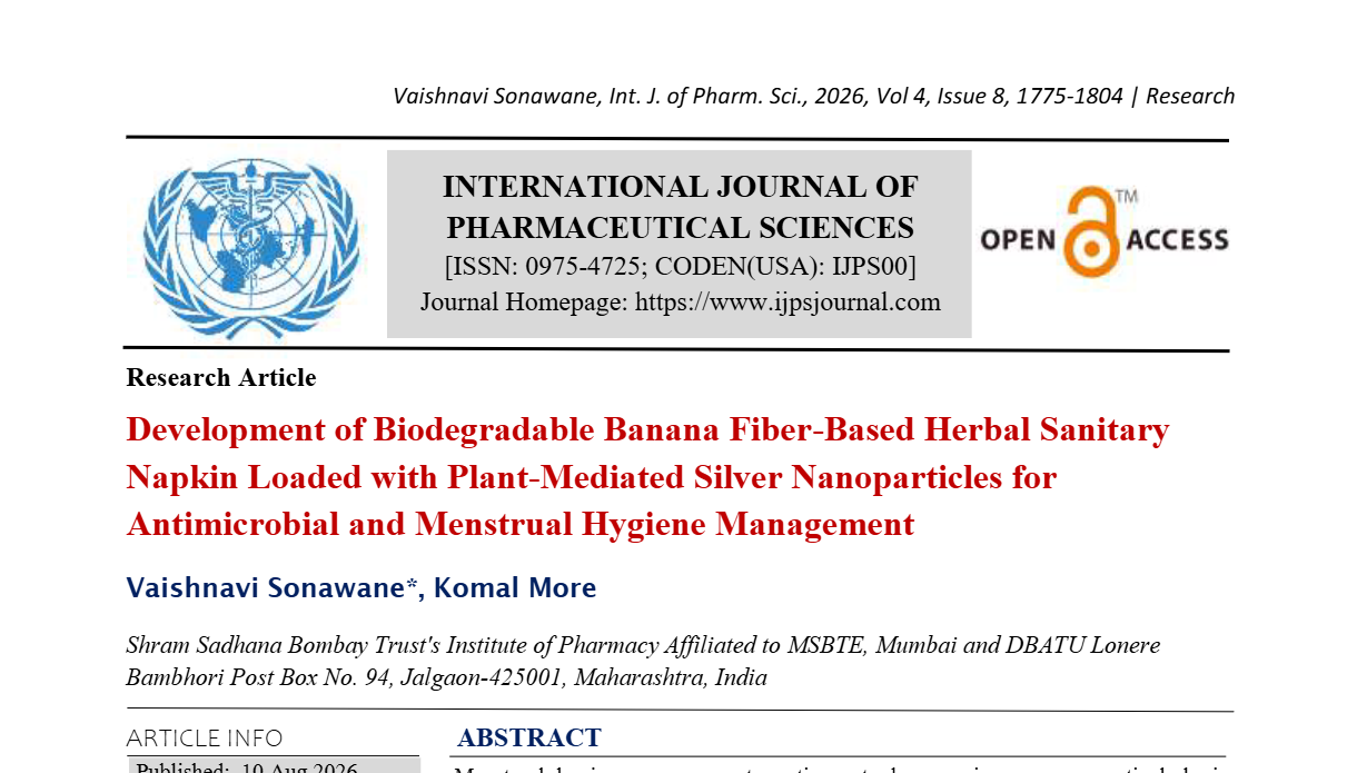 Development of Biodegradable Banana Fiber-Based Herbal Sanitary Napkin Loaded with Plant-Mediated Silver Nanoparticles for Antimicrobial and Menstrual Hygiene Management
