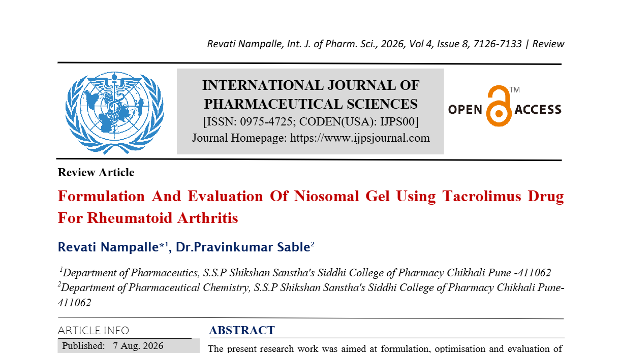 Formulation And Evaluation Of Niosomal Gel Using Tacrolimus Drug For Rheumatoid Arthritis 