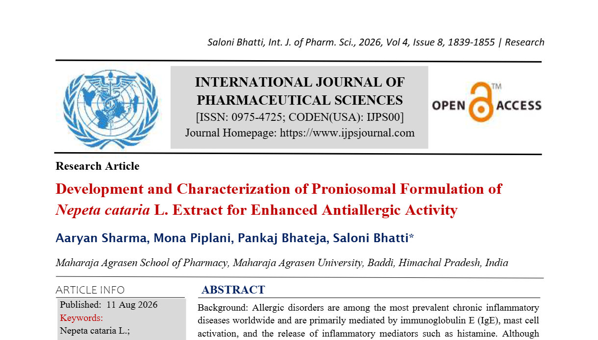 Development and Characterization of Proniosomal Formulation of Nepeta cataria L. Extract for Enhanced Antiallergic Activity