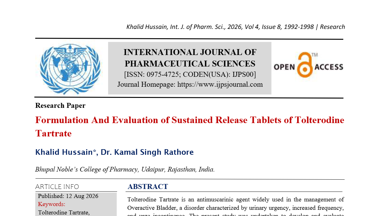 Formulation And Evaluation of Sustained Release Tablets of Tolterodine Tartrate