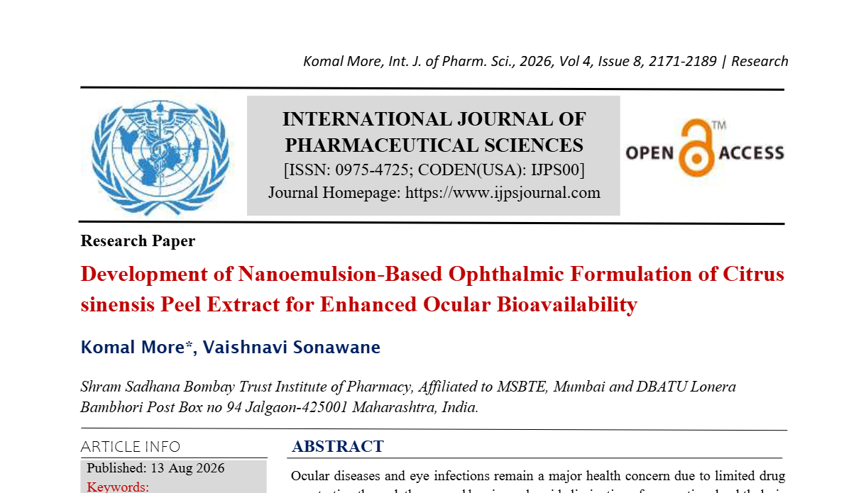 Development of Nanoemulsion-Based Ophthalmic Formulation of Citrus sinensis Peel  Extract for Enhanced Ocular Bioavailability