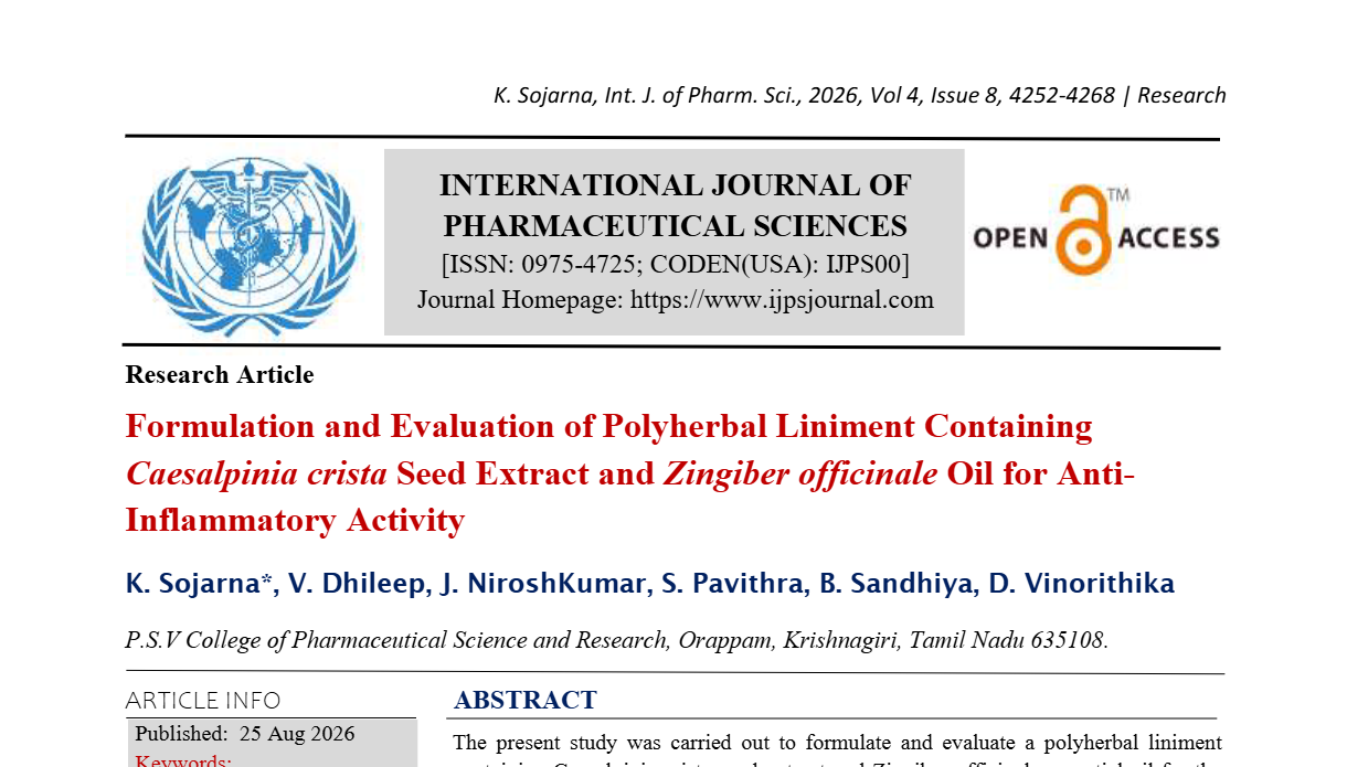 Formulation and Evaluation of Polyherbal Liniment Containing Caesalpinia crista Seed Extract and Zingiber officinale Oil for Anti-Inflammatory Activity