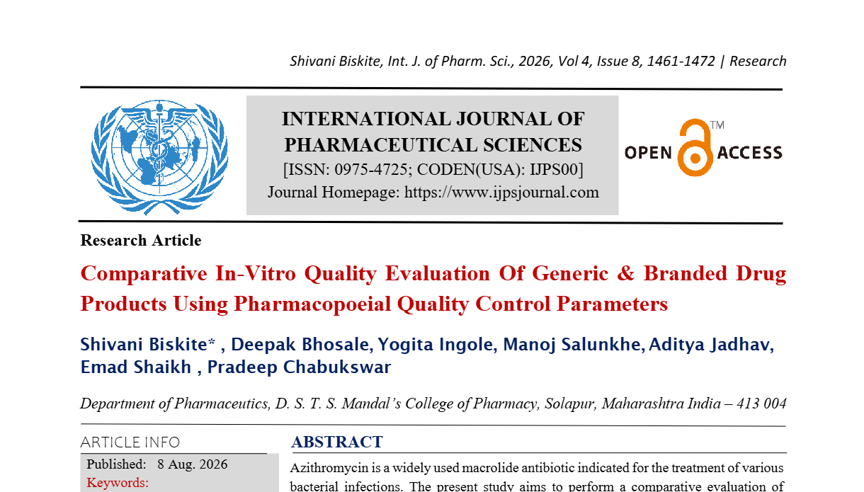 Comparative In-Vitro Quality Evaluation Of Generic & Branded Drug Products Using Pharmacopoeial Quality Control Parameters