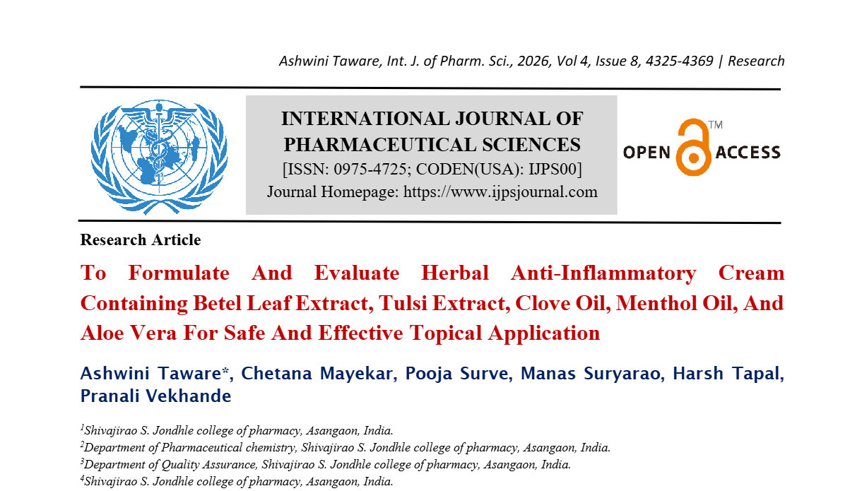 To formulate and evaluate herbal anti-inflammatory cream containing Betel Leaf extract, Tulsi extract, clove oil, menthol oil, and Aloe Vera for safe and effective topical application.