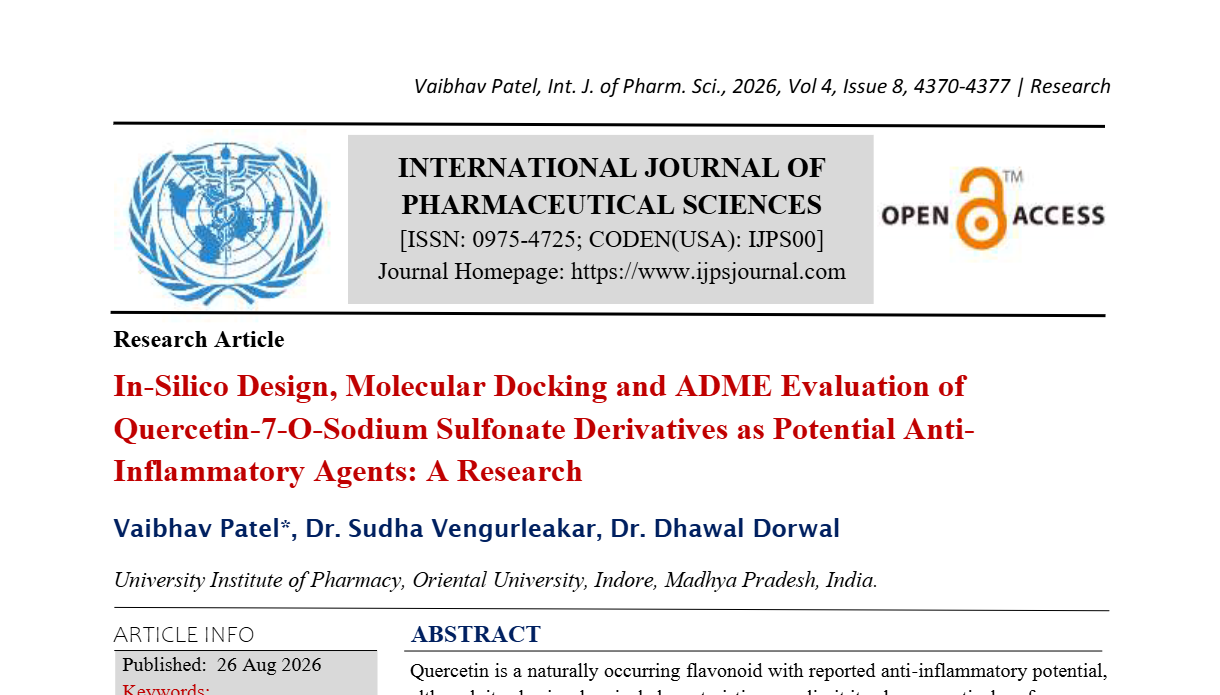 In-Silico Design, Molecular Docking and ADME Evaluation of Quercetin-7-O-Sodium Sulfonate Derivatives as Potential Anti-Inflammatory Agents: A Research