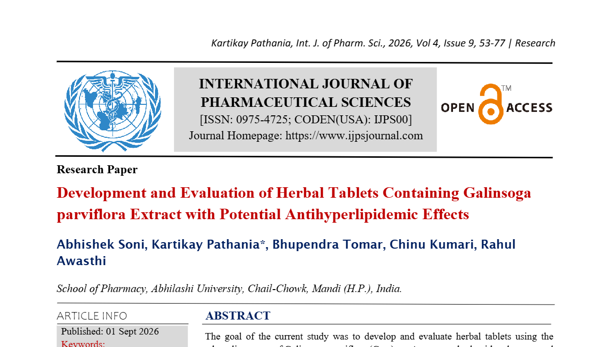 Development and Evaluation of Herbal Tablets Containing Galinsoga parviflora Extract with Potential Antihyperlipidemic Effects