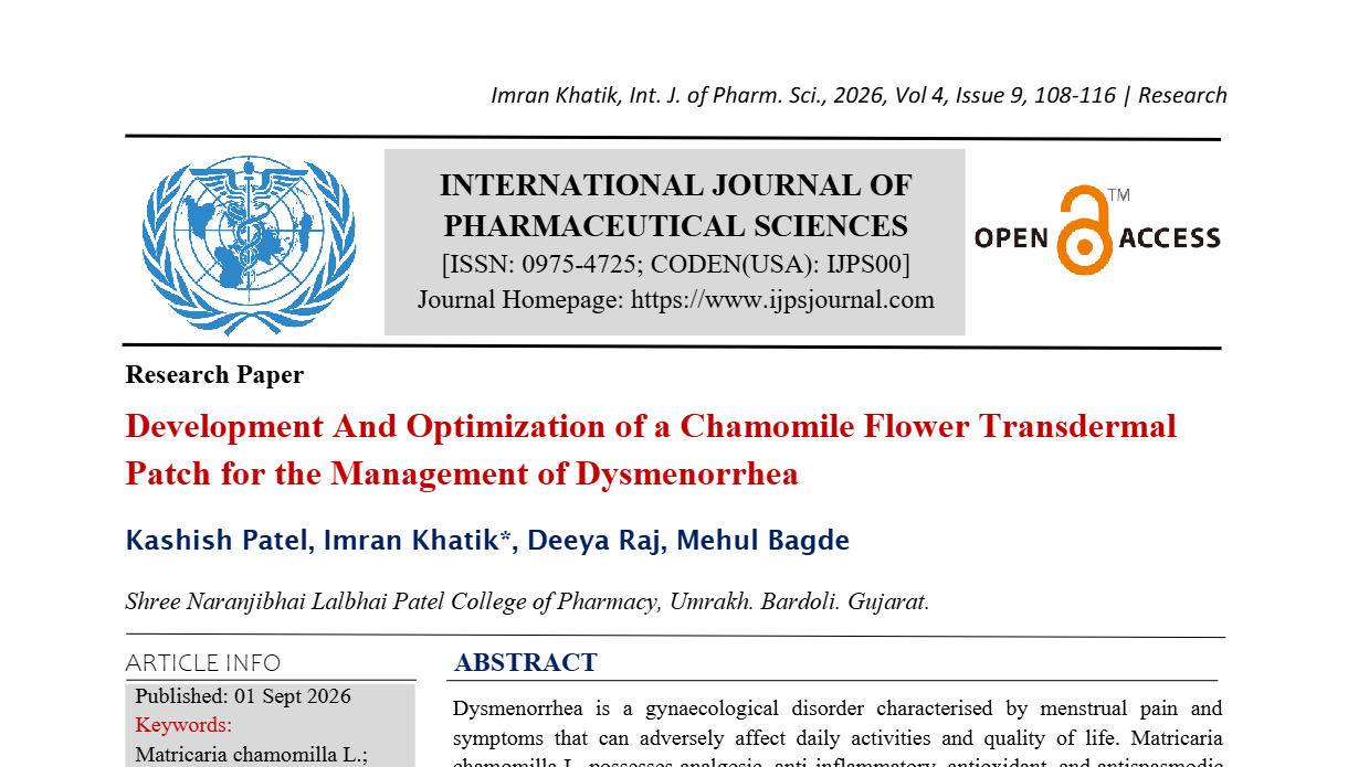 Development and optimization of a chamomile flower transdermal patch for the management of dysmenorrhea
