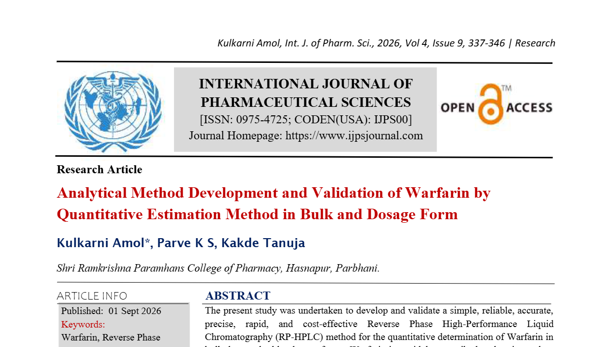 Analytical Method Development and Validation of Warfarin by Quantitative Estimation Method in Bulk and Dosage Form