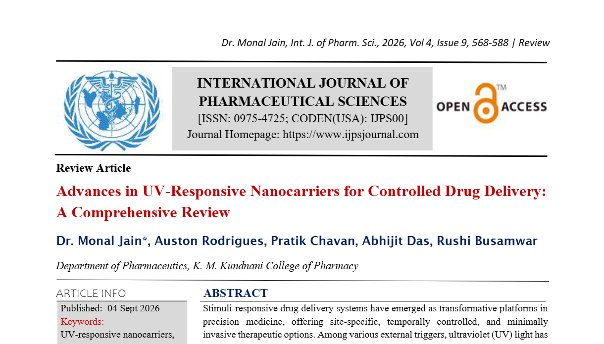 Advances in UV-Responsive Nanocarriers for Controlled Drug Delivery: A Comprehensive Review