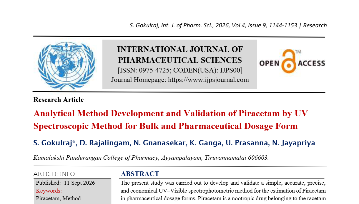 Analytical Method Development and Validation of Piracetam by UV Spectroscopic Method for Bulk and Pharmaceutical Dosage Form