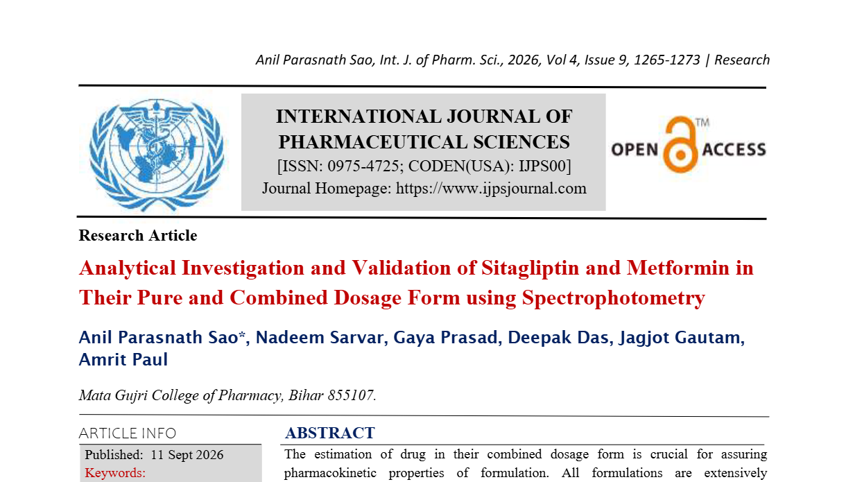 Analytical Investigation and Validation of Sitagliptin and Metformin in Their Pure and Combined Dosage Form using Spectrophotometry