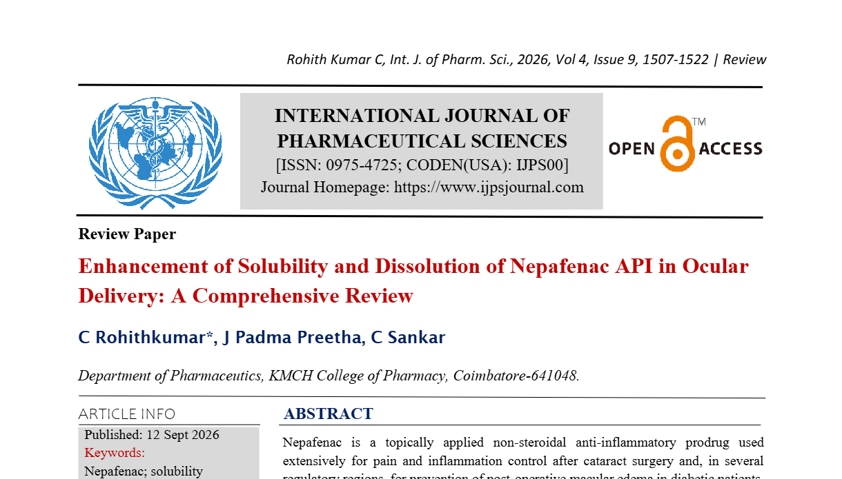 Enhancement of Solubility and Dissolution of Nepafenac API in Ocular Delivery: A Comprehensive Review