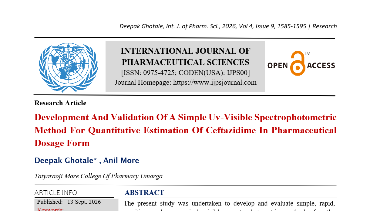 Development And Validation Of A Simple Uv-Visible Spectrophotometric Method For Quantitative Estimation Of Ceftazidime In Pharmaceutical Dosage Form