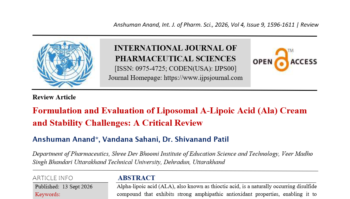 Formulation and Evaluation of Liposomal ?-Lipoic Acid (Ala) Cream and Stability Challenges: A Critical Review