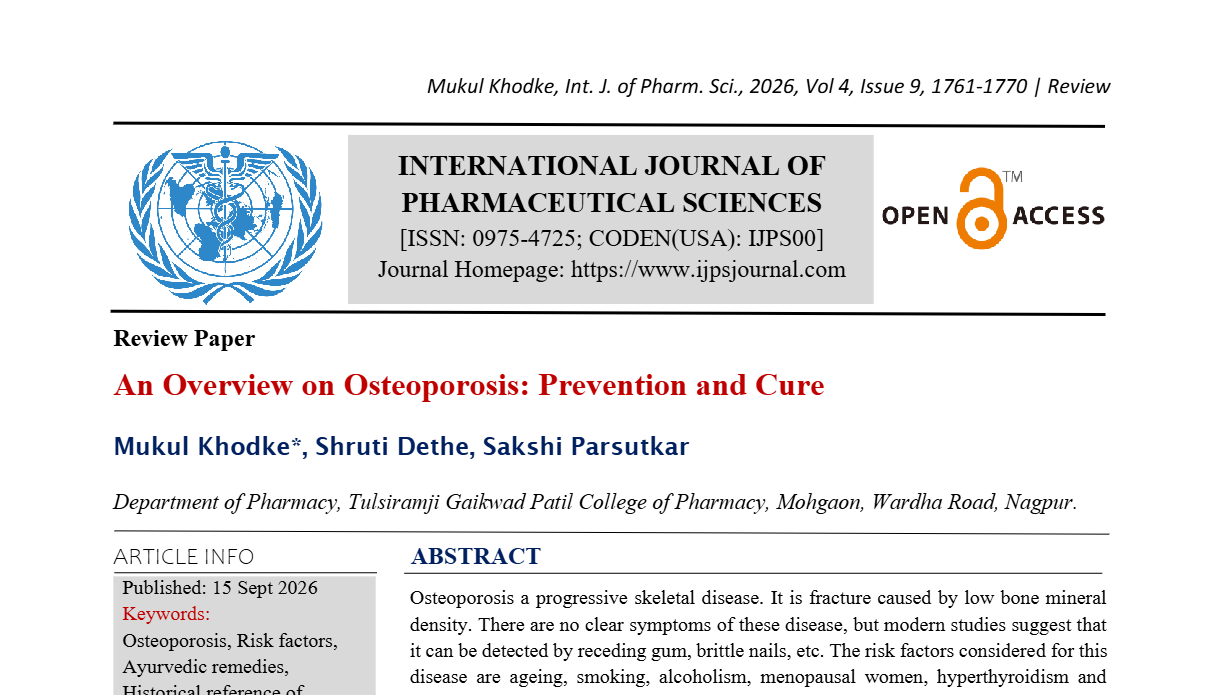 An Overview on Osteoporosis: Prevention and Cure