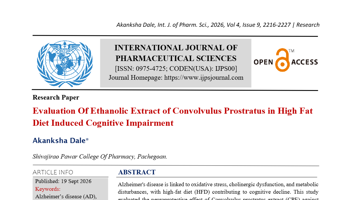 Evaluation Of Ethanolic Extract Of Convolvulus Prostratus In High Fat Diet Induced Cognitive Impairment