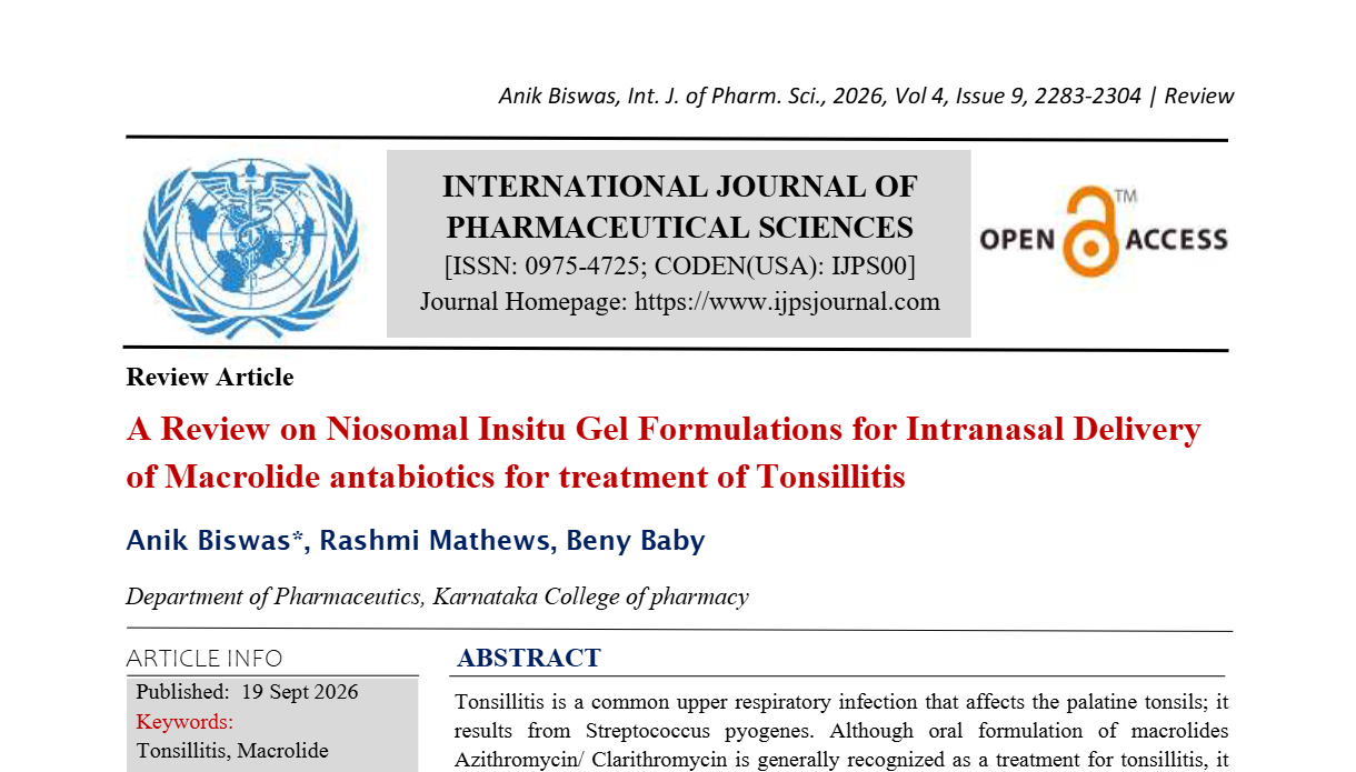 A Review on Niosomal Insitu Gel Formulations for Intranasal Delivery of Macrolide antabiotics for treatment of Tonsillitis